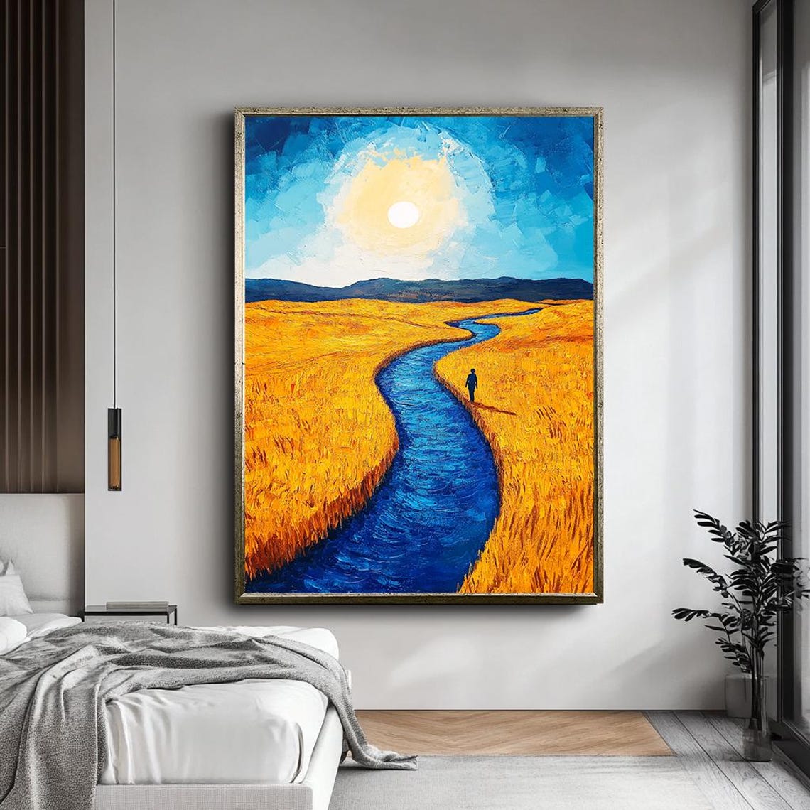 Blue River Through Golden Wheat Field Sunlit Impressionist Art Poster - Image 5