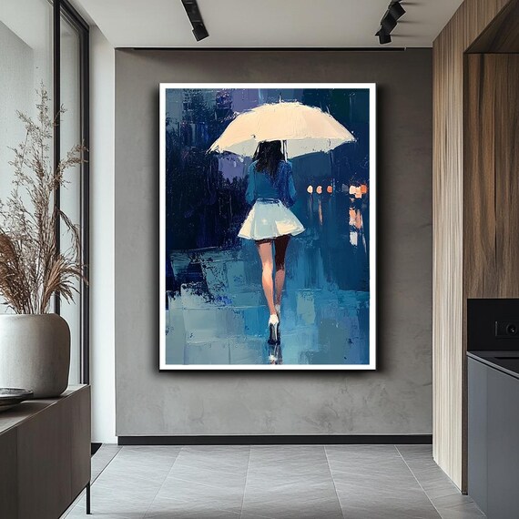 Woman With White Umbrella Rainy Night City Lights Painting Wall Art