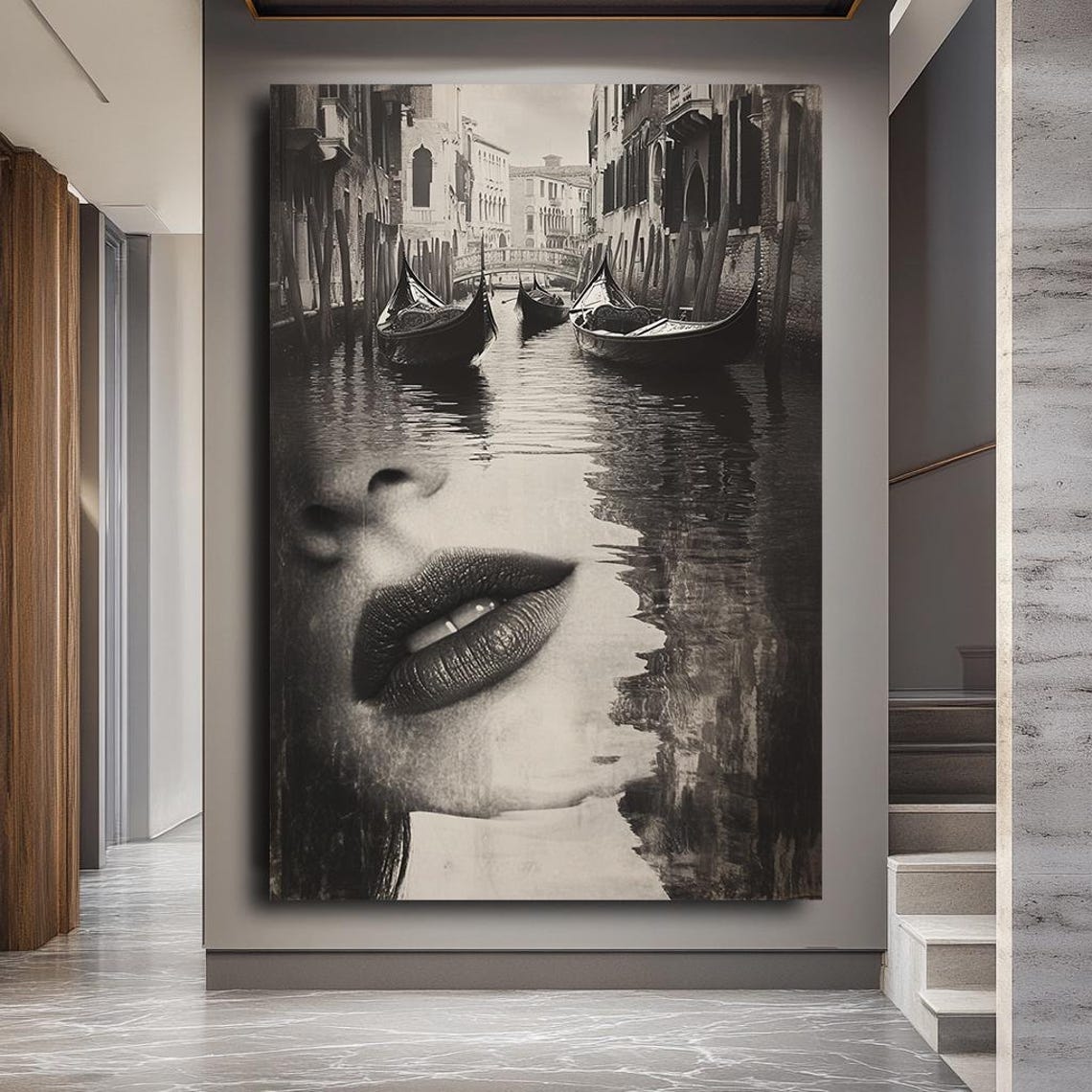 Venice Canal Gondola Double Exposure Lips Surreal Black White Poster - Image 3