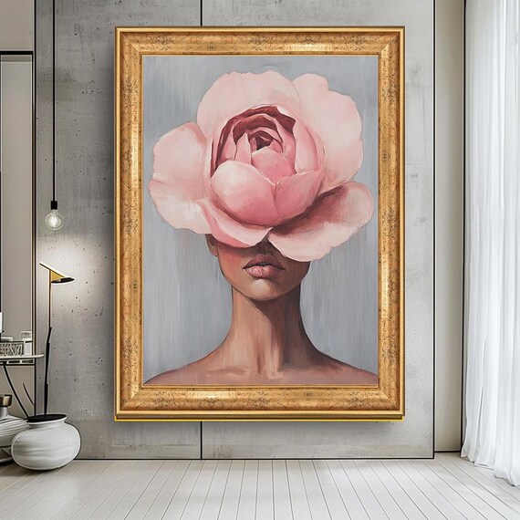 Floral Face Wall Art Minimalist Woman With Pink Flower Canvas Abstract Feminine Portrait Modern Boho Decor Elegant Artwork