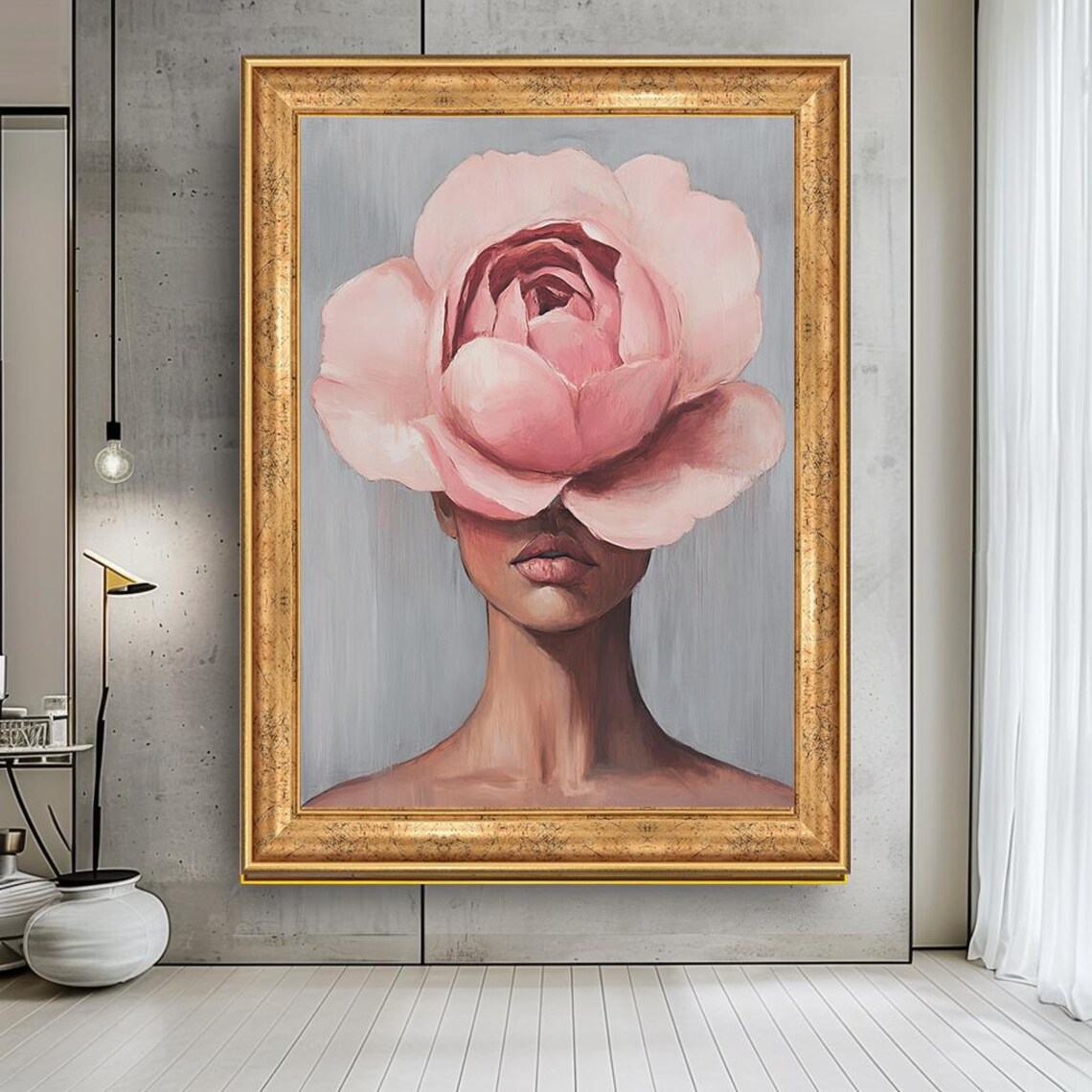 Pink Rose Face Woman Minimalist Modern Floral Portrait Poster
