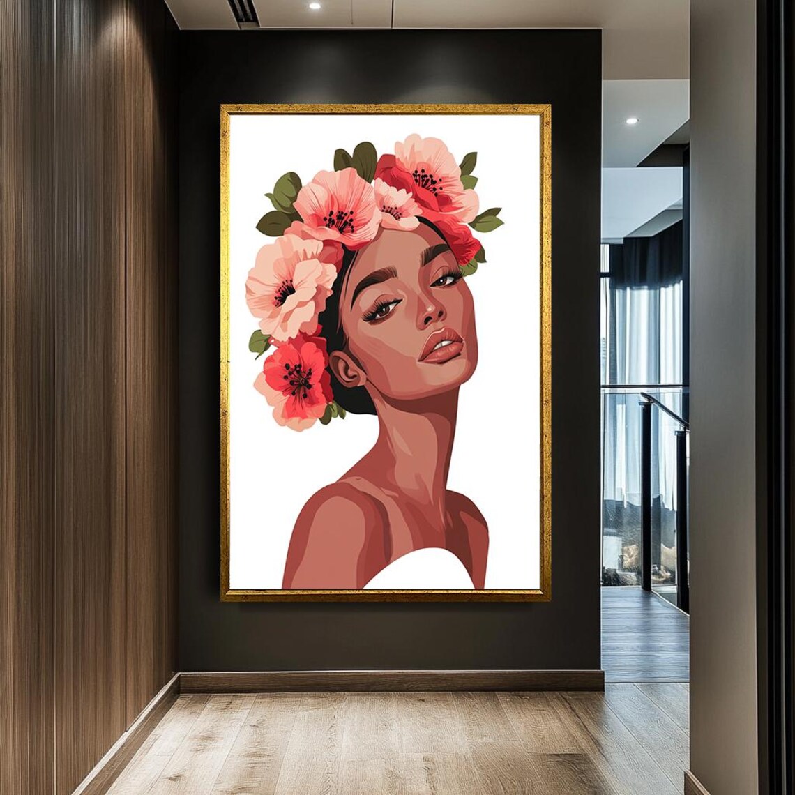 Elegant African Woman Floral Crown Modern Illustration Art Poster