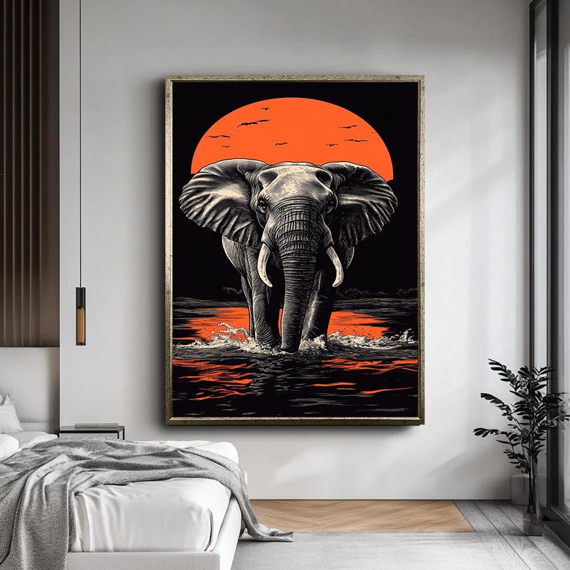 Monochrome Elephant Orange Sun Bold Safari Wildlife Art Poster - Image 4