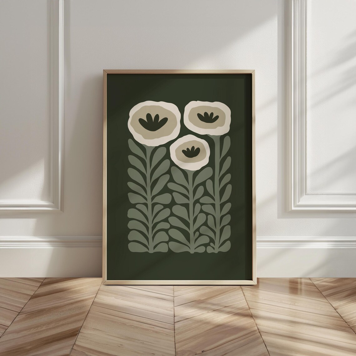 Forest Green Background Cream Flowers Modern Botanical Art Poster - Image 6