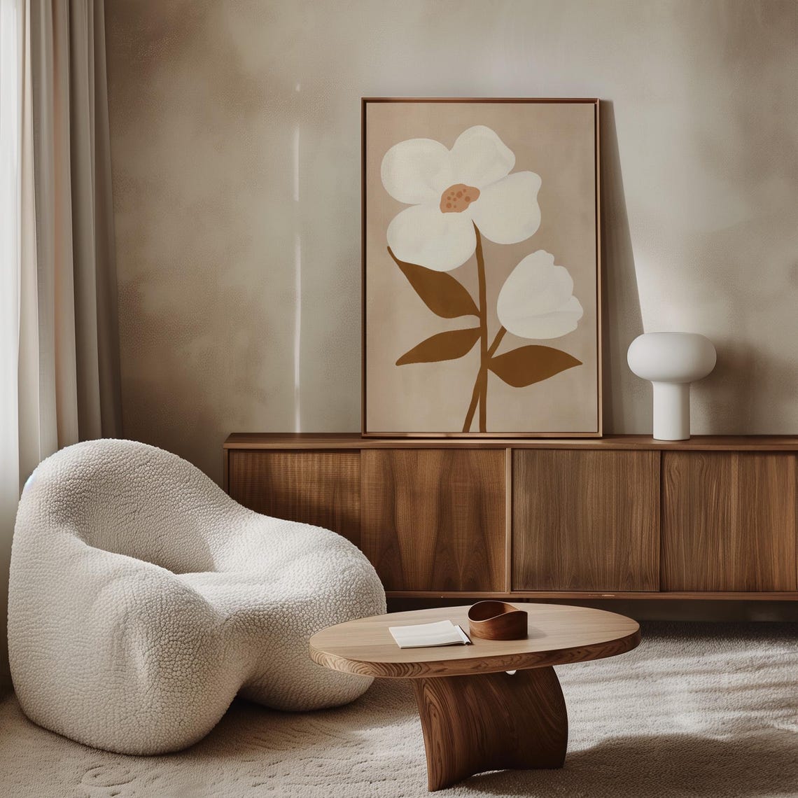 Beige Minimal White Flower Brown Stem Neutral Botanical Wall Art - Image 6