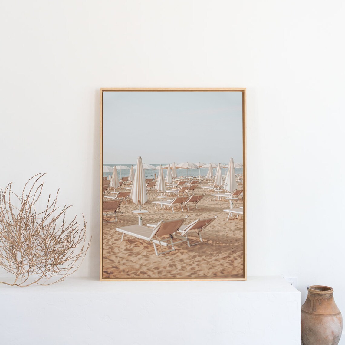 Neutral Beach Sun Loungers Italy Coastal Decor Photo Art Poster - Image 2