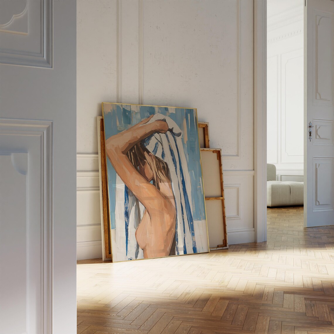 Blue And White Bathroom Painting Set Woman With Towel Nude Art Poster - Image 3