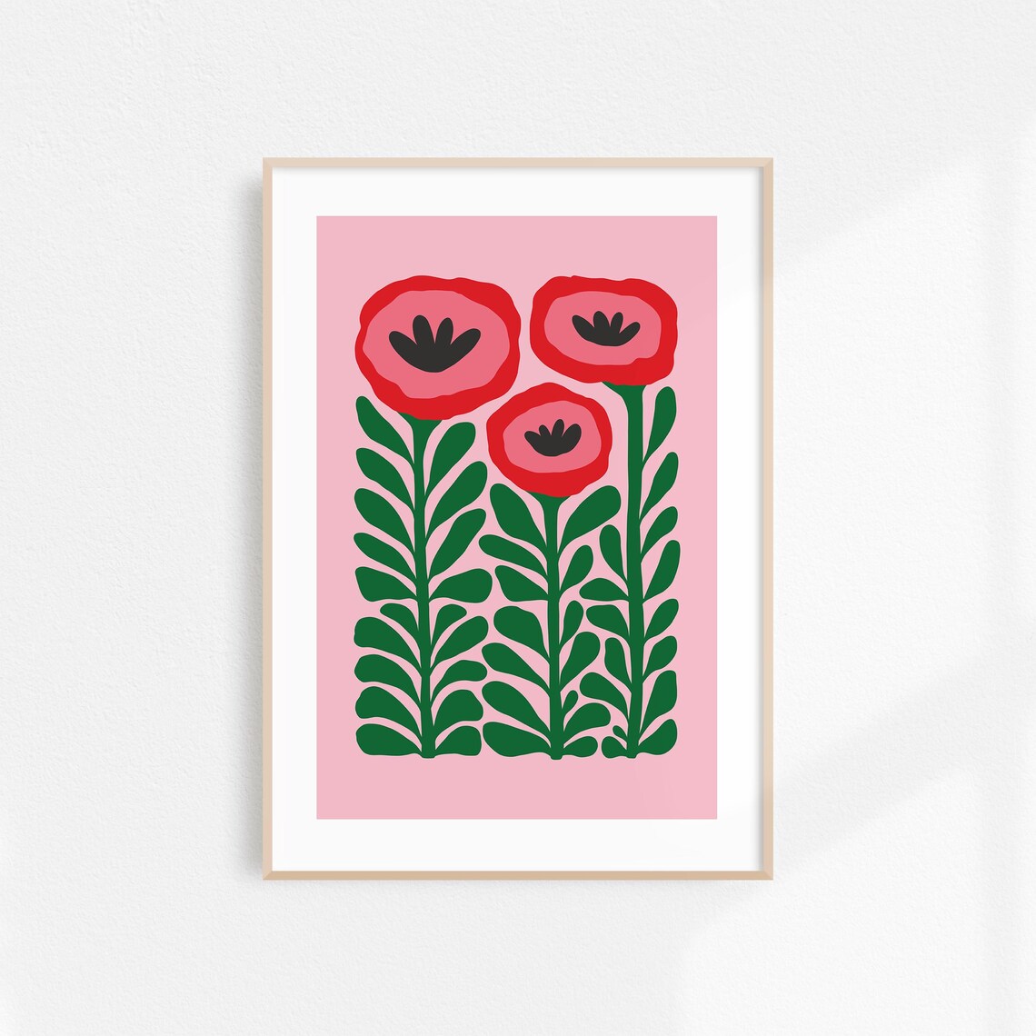 Retro Red Poppy Flowers Pink Green Mid Century Dopamine Wall Art - Image 2
