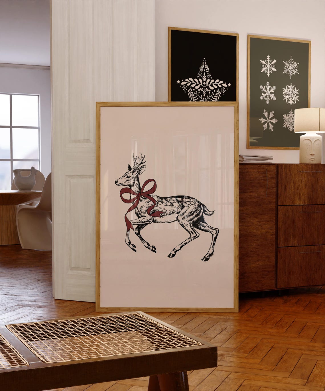 Vintage Reindeer Red Bow Engraving Style Neutral Holiday Poster - Image 2