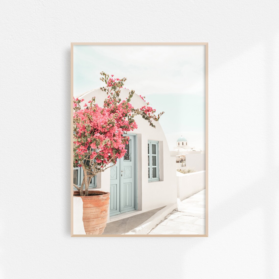 Pink Bougainvillea By A Blue Door In Santorini Greece Poster