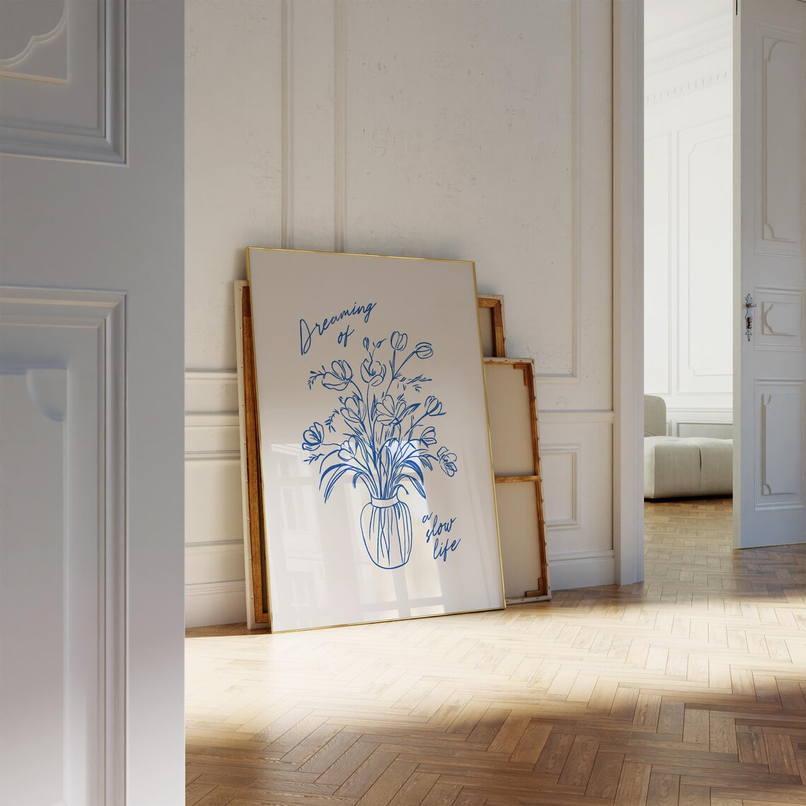 Dreaming of a Slow Life Blue Wildflower Bouquet Line Art Poster - Image 3