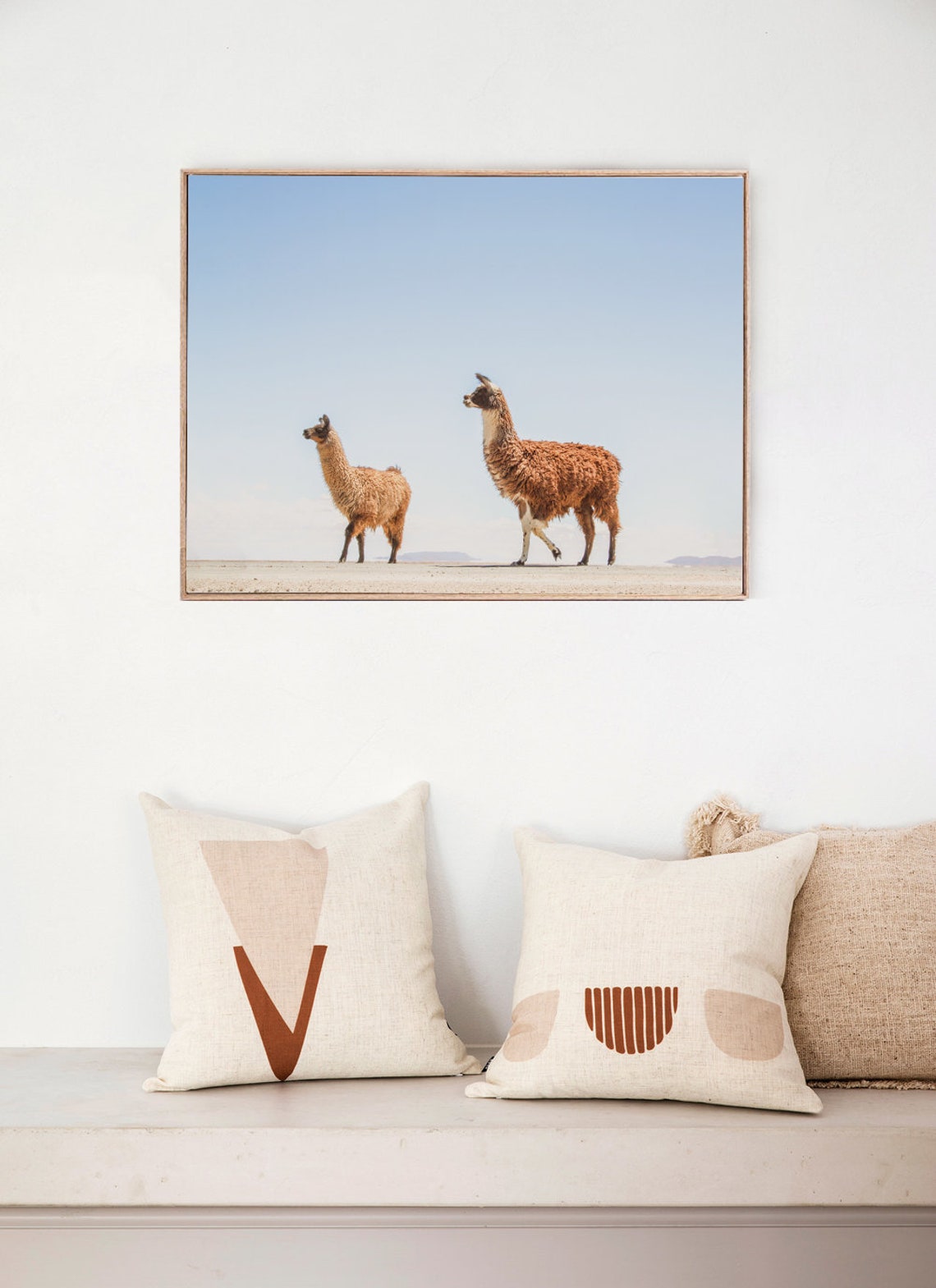 Two Llamas Walking the Salt Flats Under Blue Sky Photography Poster - Image 3