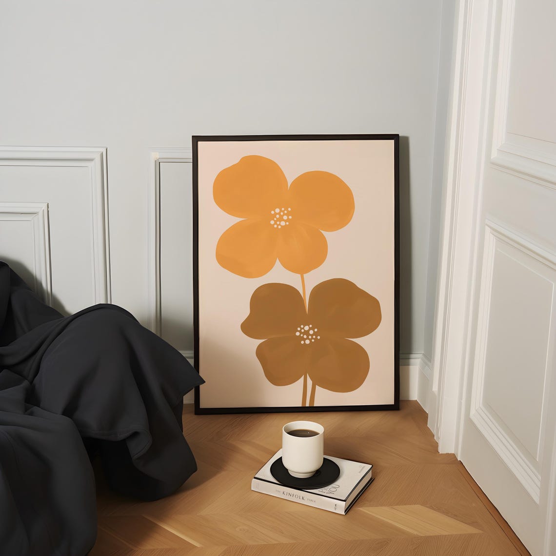 Retro Mustard Flower Pair Mid Century Modern Abstract Wall Art - Image 4