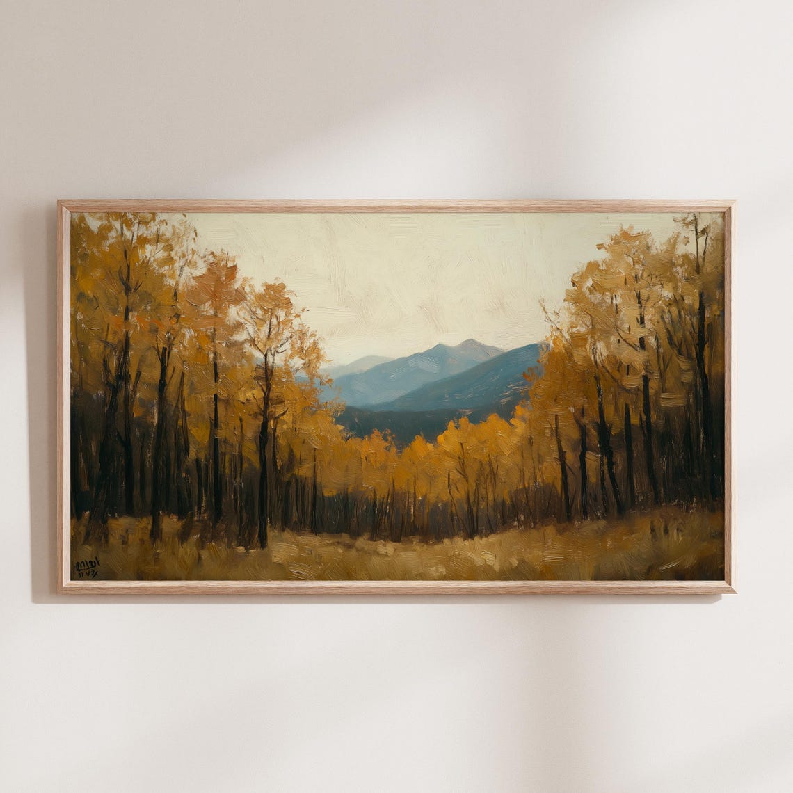 Golden Fall Trees Framing Blue Mountain Range Landscape Poster - Image 3