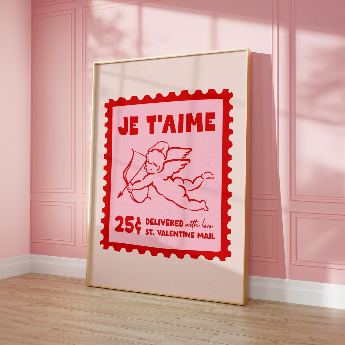 Je T'Aime Cupid Postage Stamp Retro Red Pink Valentines Day Poster - Image 7