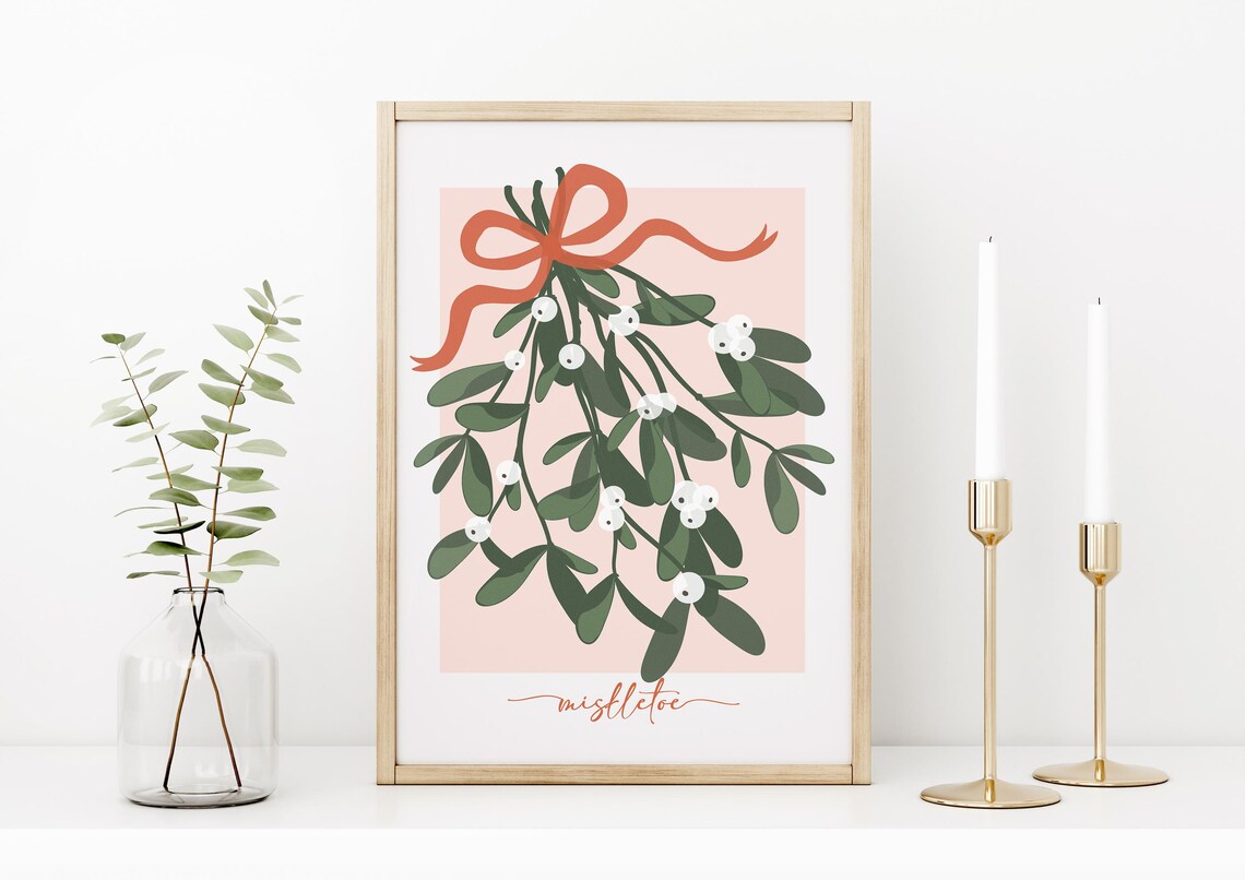 Mistletoe Coquette Christmas Art Print, Minimalist Holiday Decor