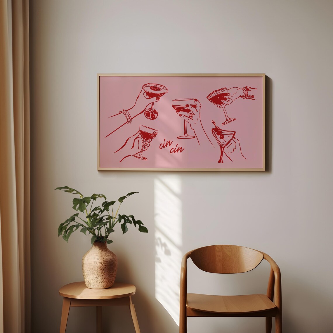Cin Cin Cheers Pink Cocktail Toast Line Art Bar Cart Party Poster - Image 5