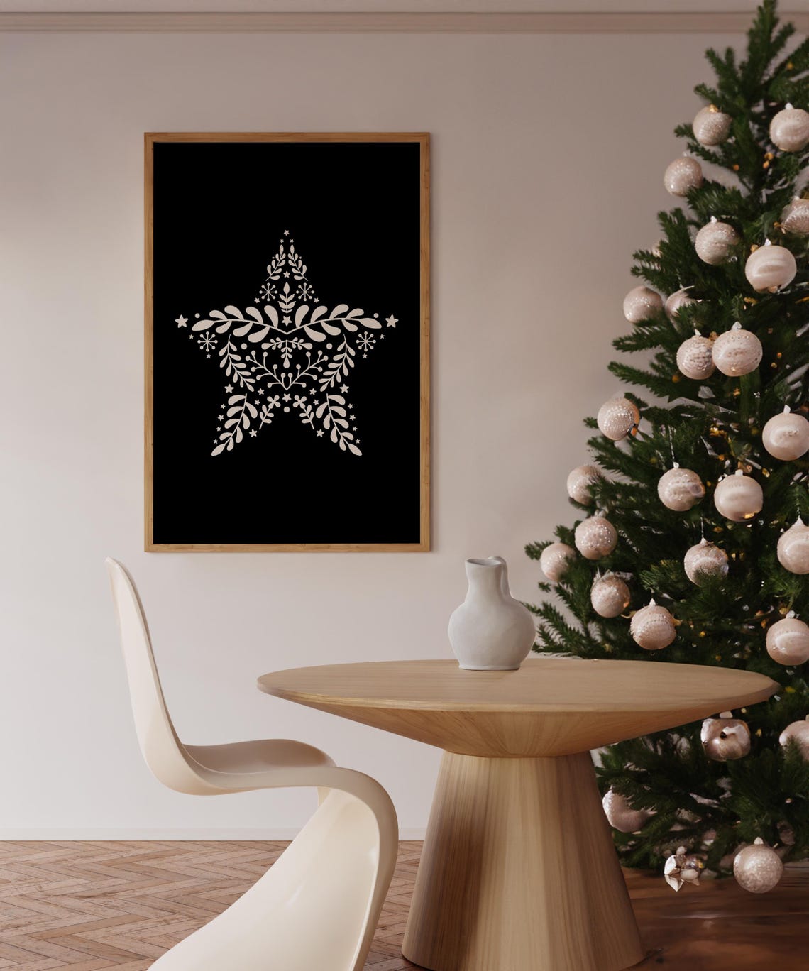 Scandinavian Botanical Christmas Star on Deep Black Art Poster