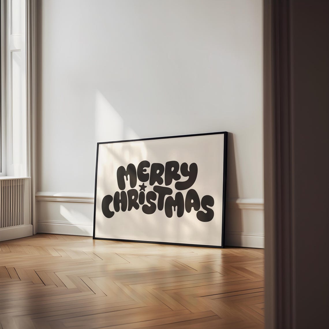 Merry Christmas Charcoal Bubble Letters Cream Holiday Art Poster - Image 2