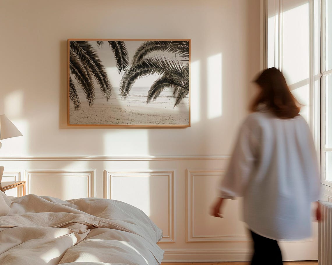 Palm Fronds Over a Neutral Sand Beach Tropical Coastal Poster - Image 2