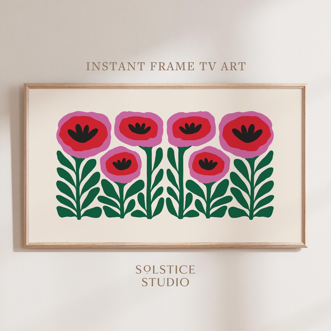 Retro Pink Red Poppy Flowers Green Stems Bold Floral Decor Poster
