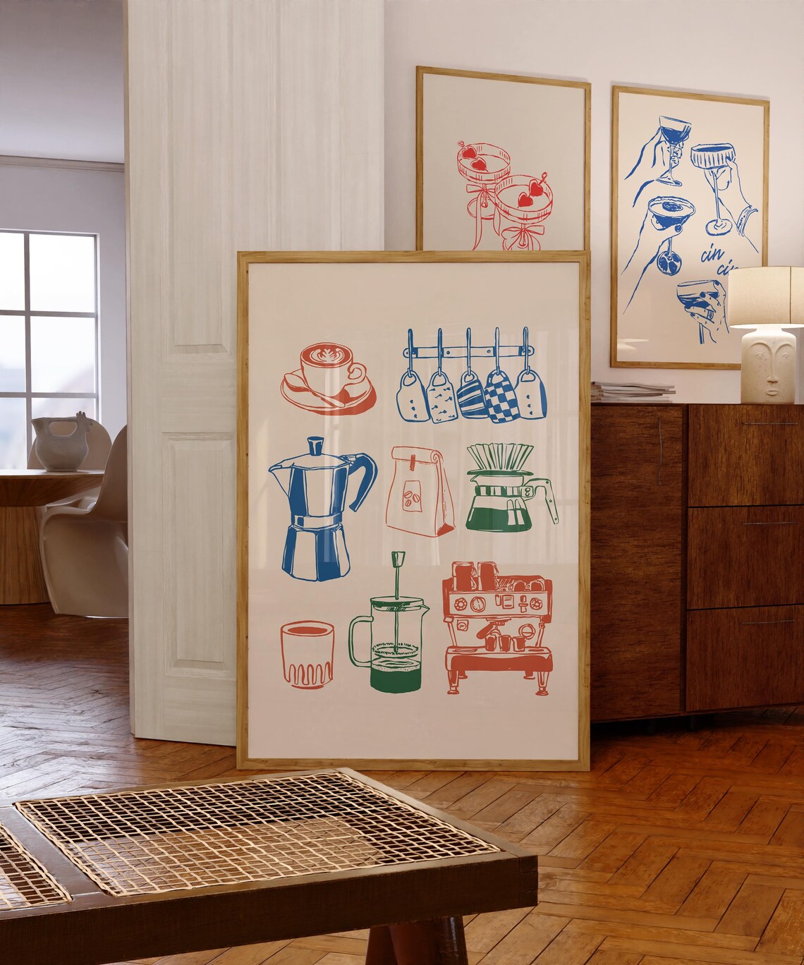 Retro Coffee Brewing Icons Moka Pot Red Blue Kitchen Art Poster - Image 2