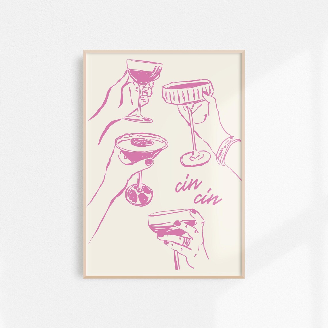 Cin Cin Blush Pink Cocktail Cheers Hands Home Bar Decor Art Poster