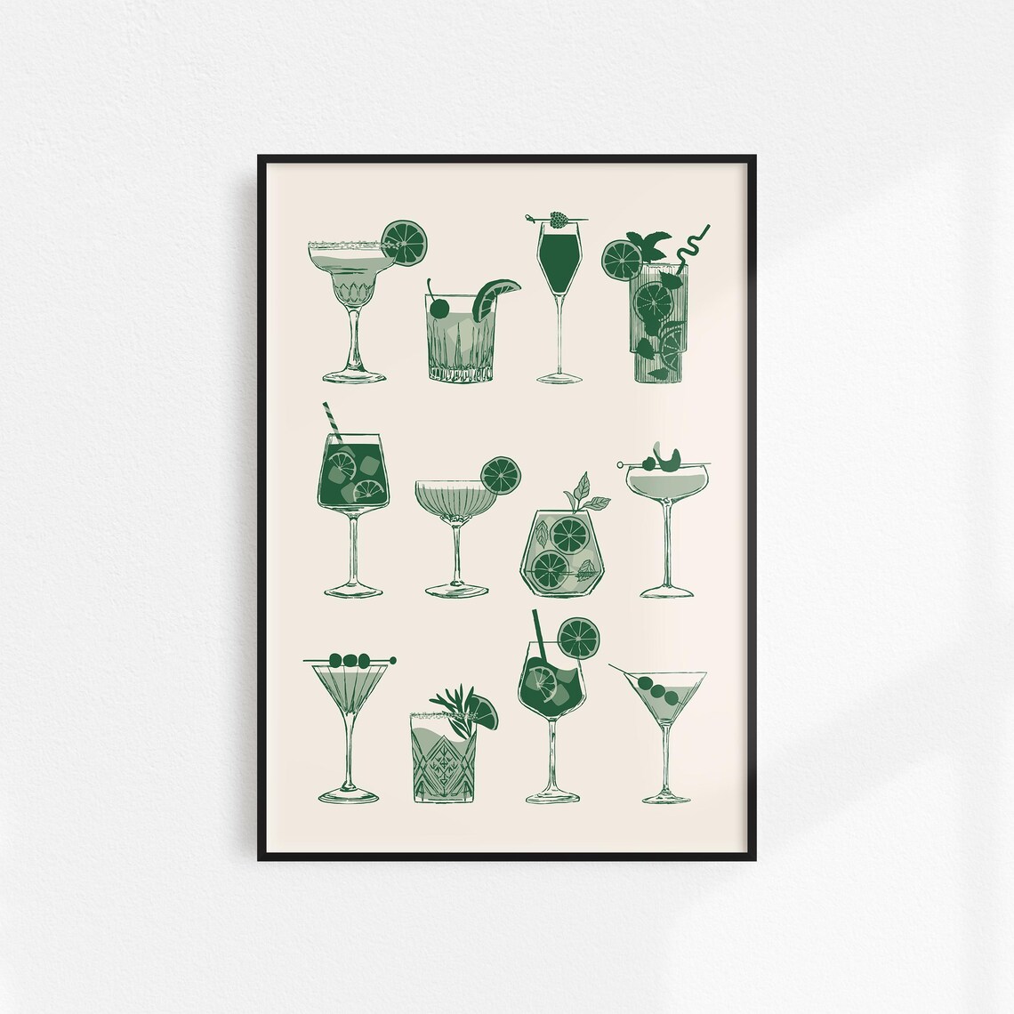 Green Cocktails Retro Bar Cart Art Print