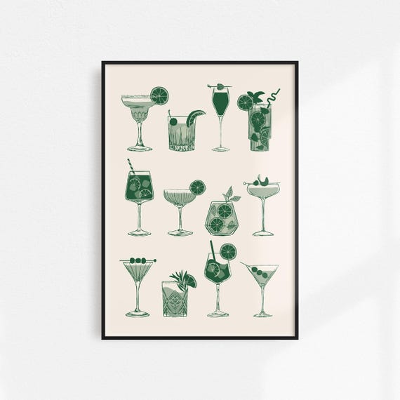 Green Cocktails Retro Bar Cart Art Print