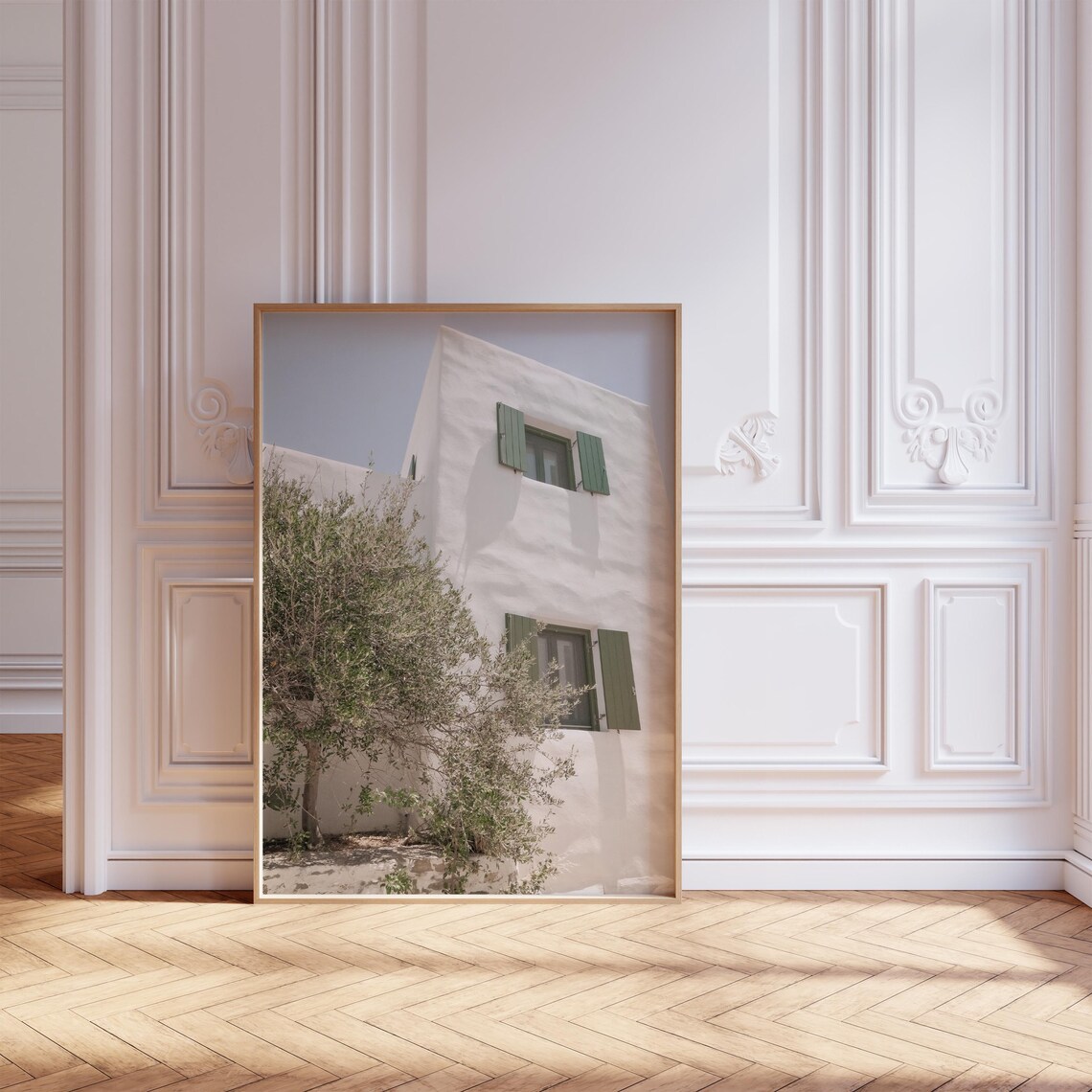 White Greek Building Green Shutters Olive Tree Travel Poster - Image 3