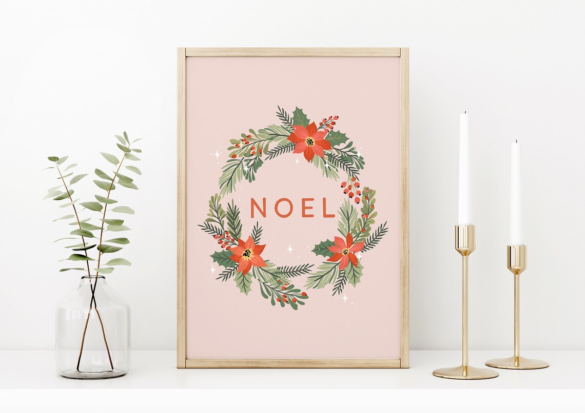 Noel Christmas Wreath Art Print, Festive Decor