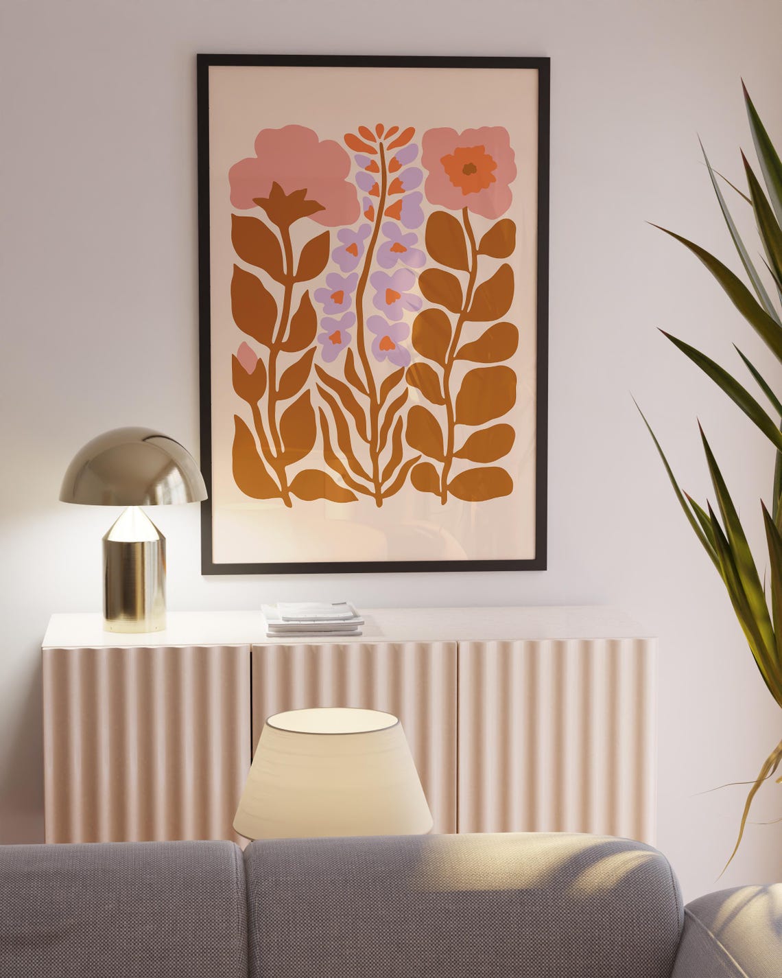 Retro 70s Folk Art Pink Brown Wildflower Illustration Poster - Image 2