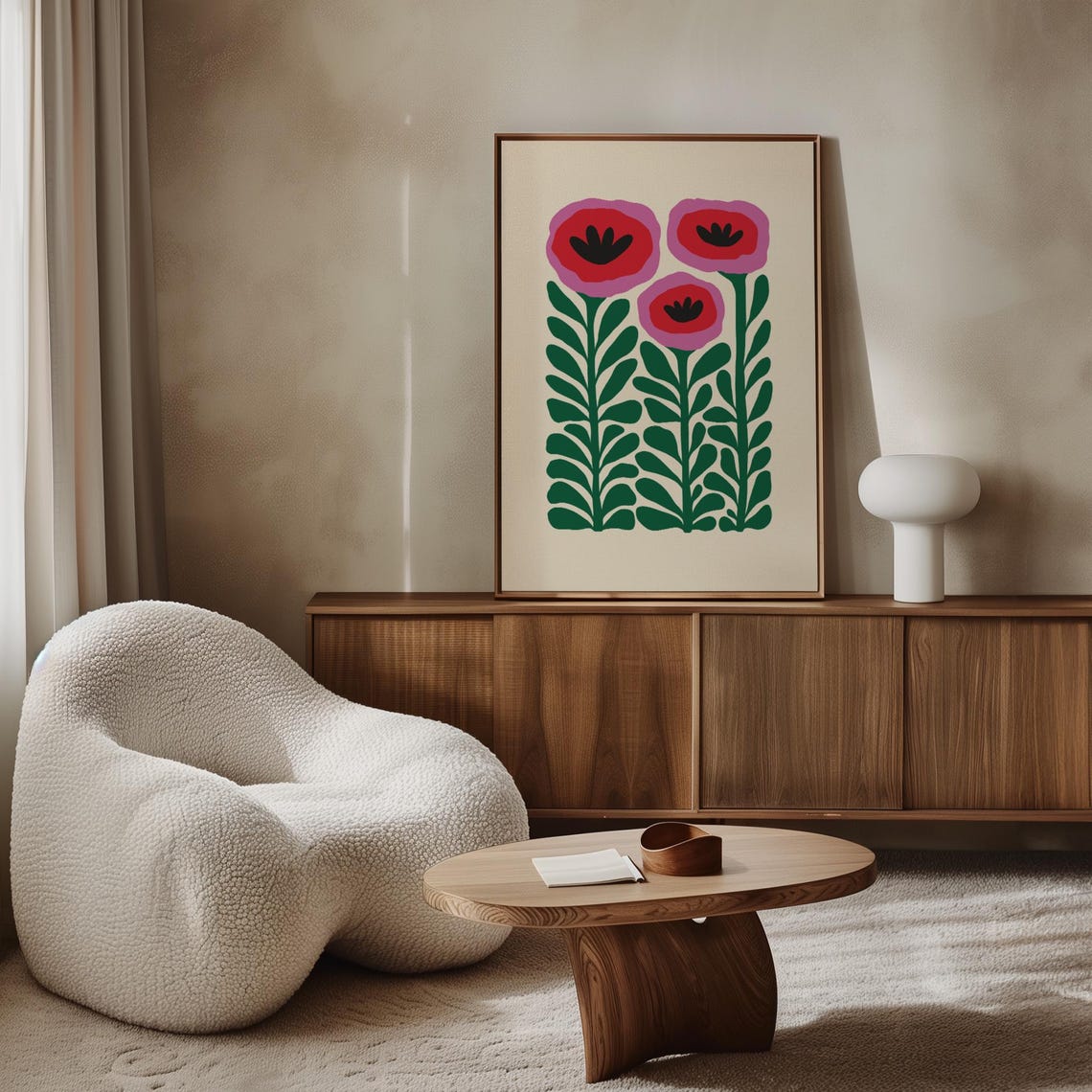 Bold Red Pink Flowers Green Stems Cream Mid Century Art Poster - Image 4