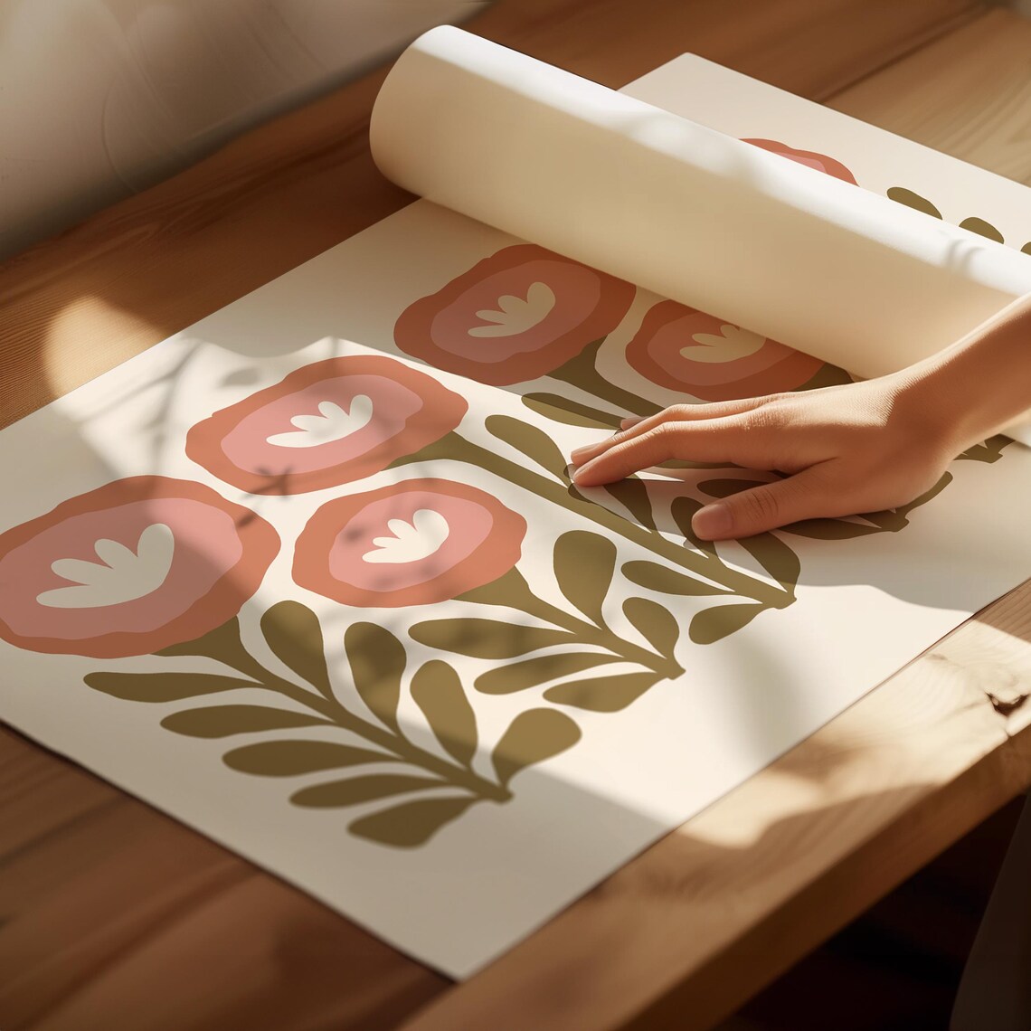 Terracotta Retro Blooms Cream Background Olive Leaf Floral Poster - Image 7