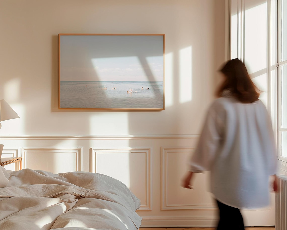 Serene Beach Swimming Print, Blue Bathroom Art - Image 3