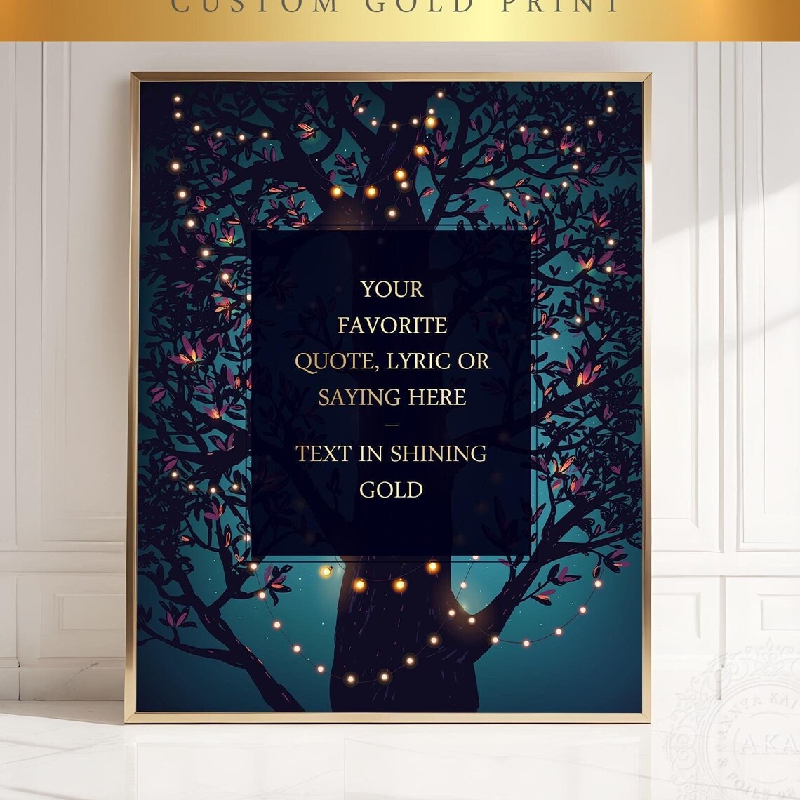 Custom Quote Night Tree Lights Gold Foil Your Own Text Wall Art