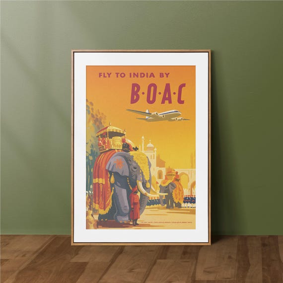 Boac India Travel Poster Vintage Elephant Print Decor Large Wall Art Home Artwork Gift For Her