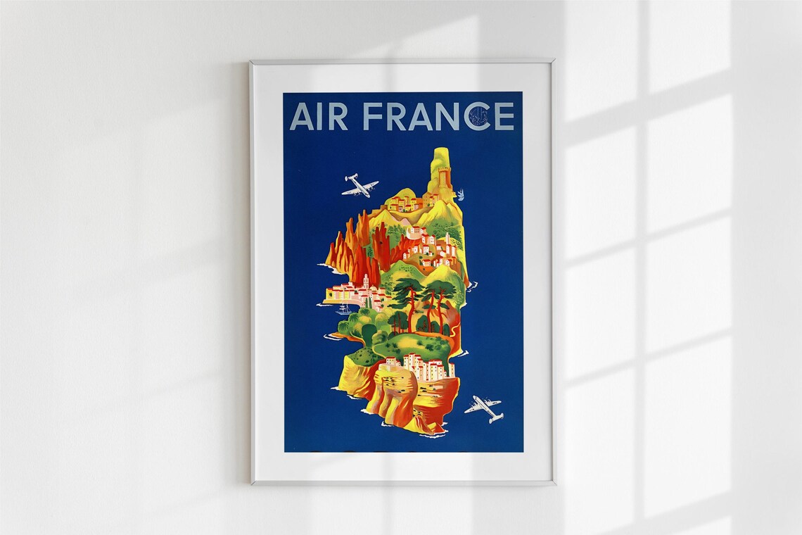 Air France Corsica Vintage Island Map Travel Poster Retro Art