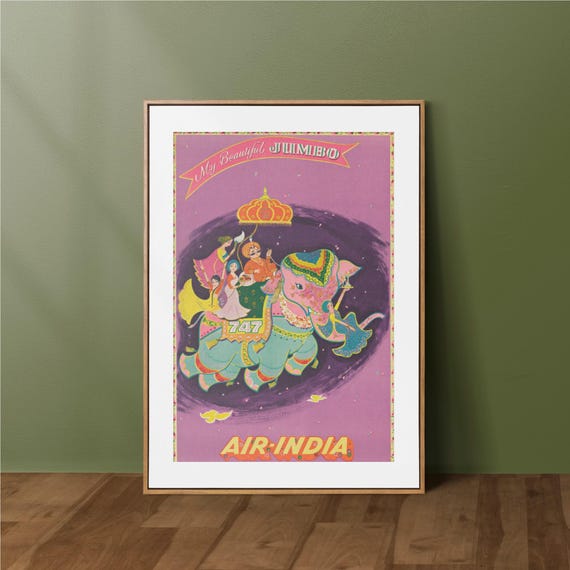 Gift For Her Wall Art India Travel Poster Air Elephant Vintage Print Decor Colorful Artwork