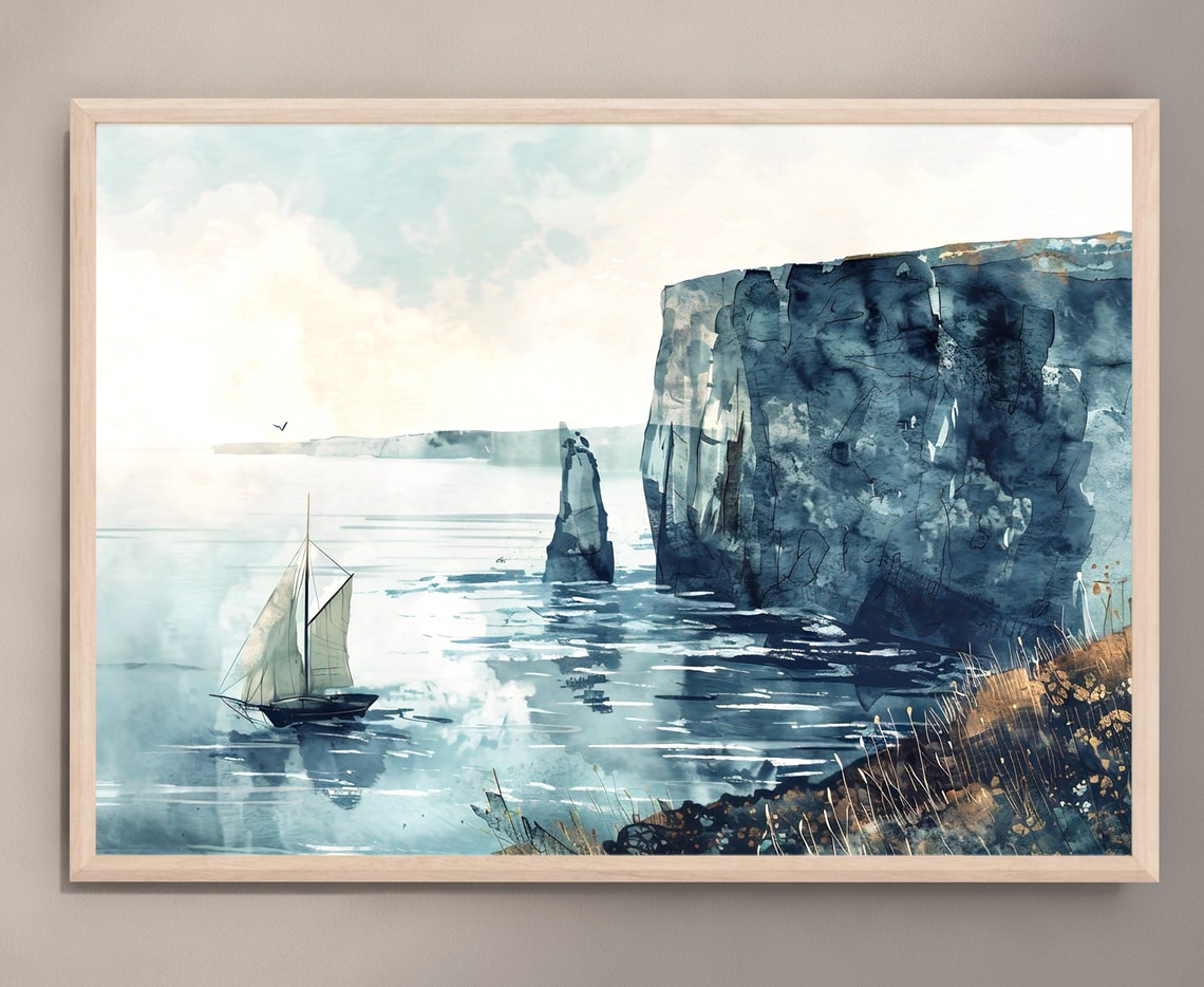Sailboat By Blue Sea Cliffs Rocky Stack Watercolor Nautical Poster - Image 2
