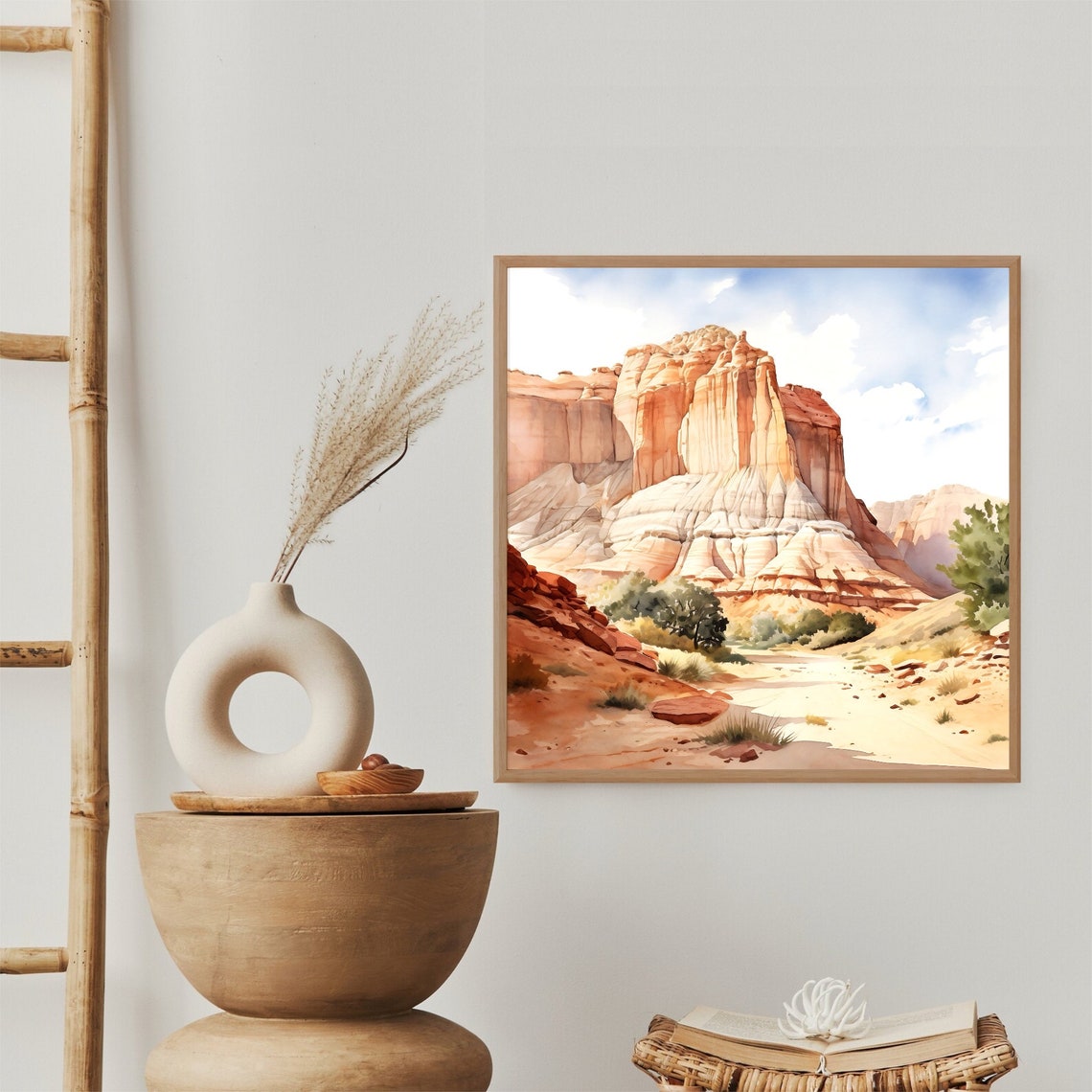 Red Rock Canyon Butte Watercolor with Desert Trail and Trees Poster - Image 3
