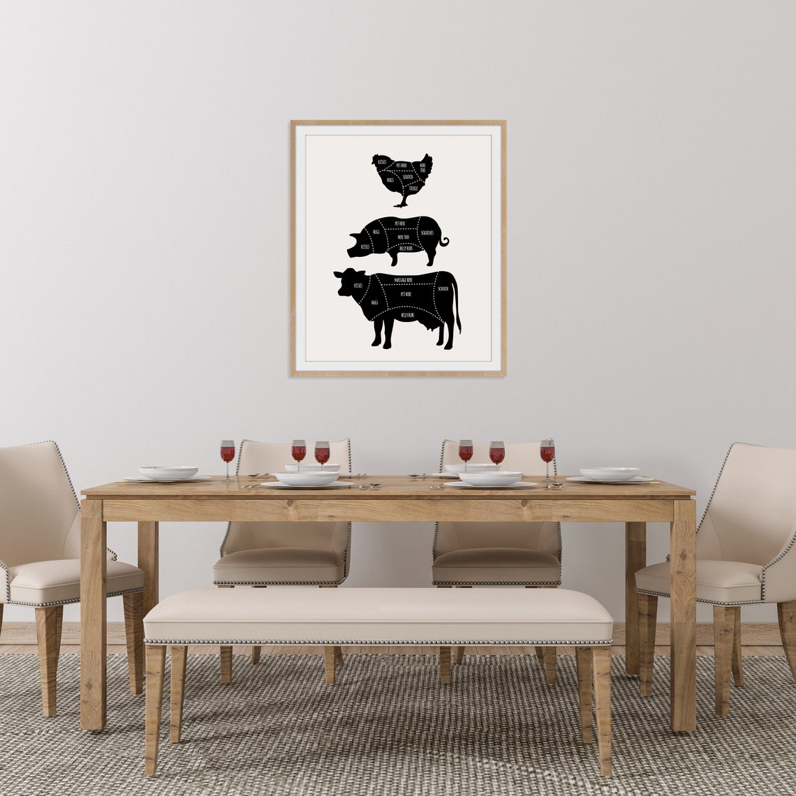 Farmhouse Butcher Chart Chicken Pig Cow Cuts Silhouette Kitchen Poster