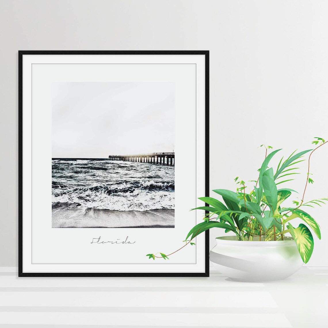 Florida Beach Pier Black White Photography Coastal Travel Poster - Image 2