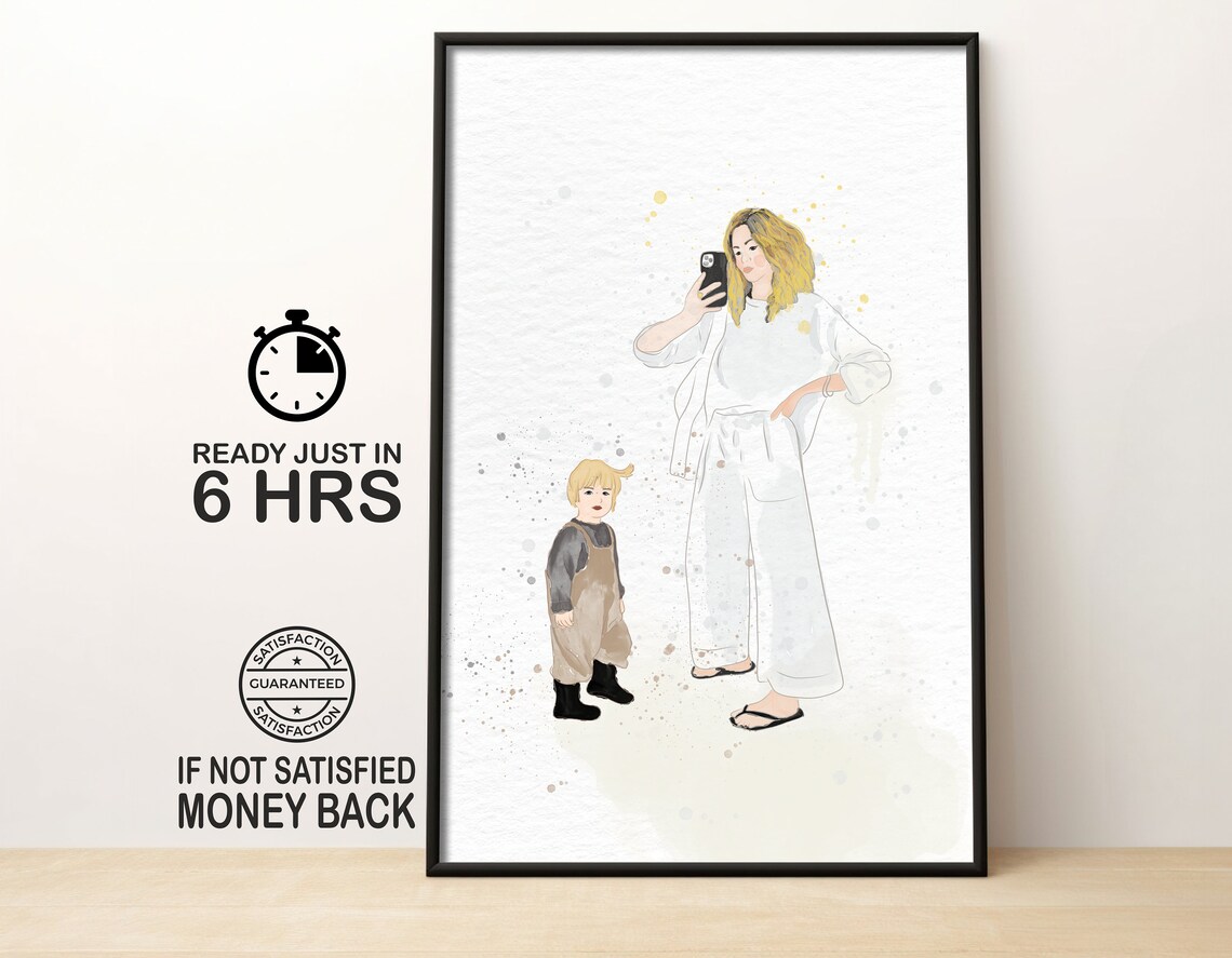 Mother And Child Taking A Selfie Faceless Watercolor Portrait Poster