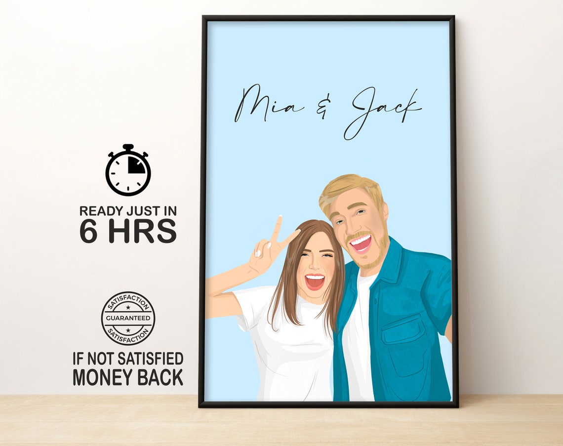 Mia And Jack Smiling Couple Peace Sign Blue Vector Portrait Poster