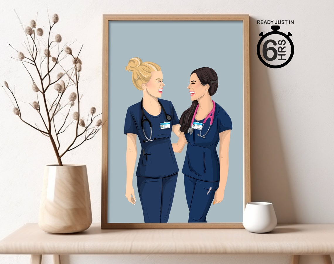 Two Nurses In Scrubs With Stethoscopes Laughing Illustration Poster
