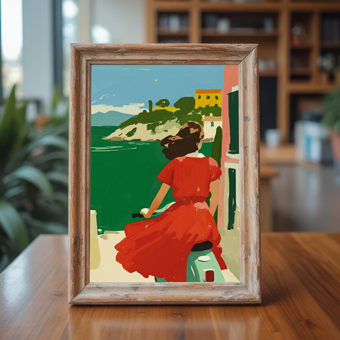 Mediterranean Escape Red Dress Woman Scooter Coastal Road Poster