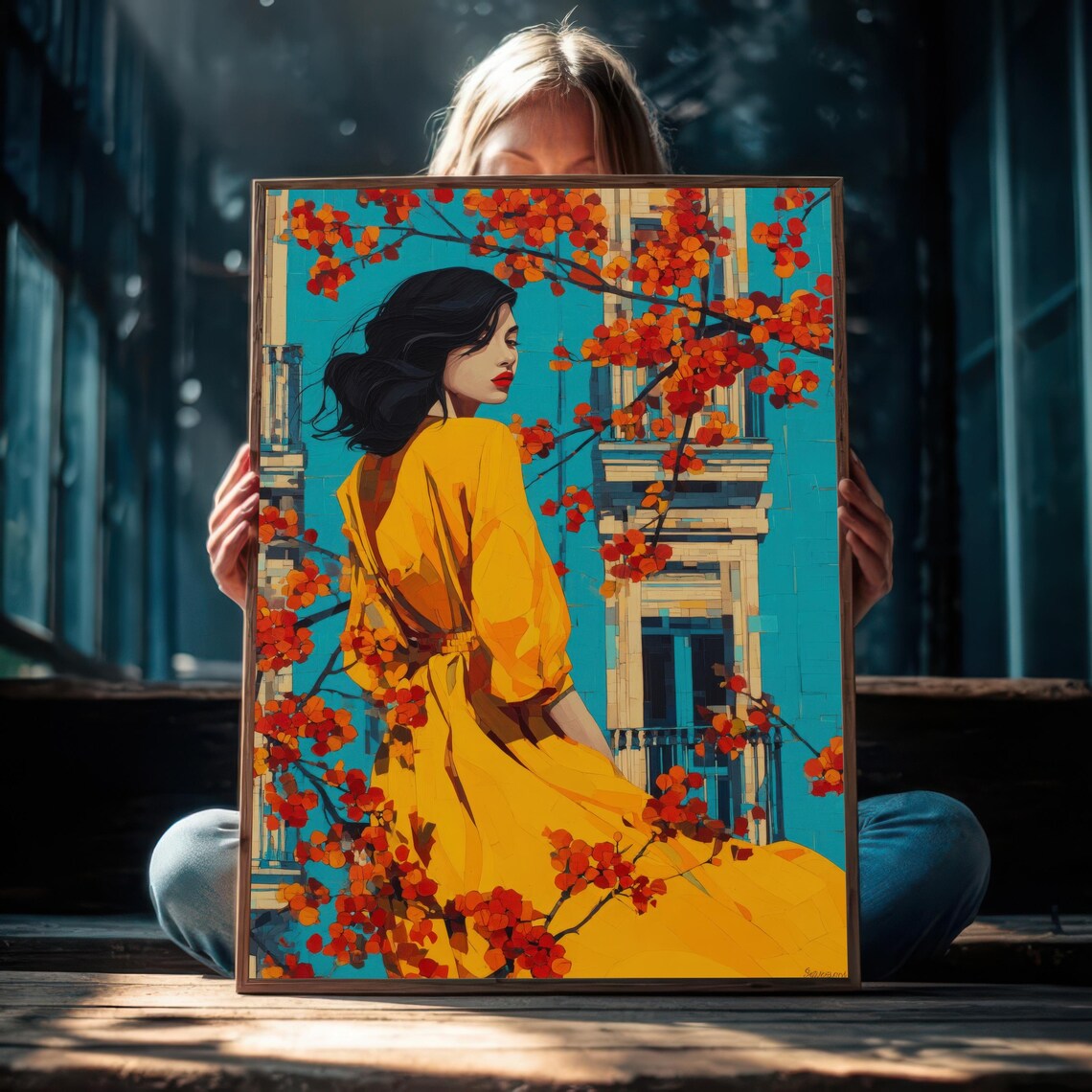 Woman In Yellow Dress With Orange Blossoms Pop Figure Art Poster