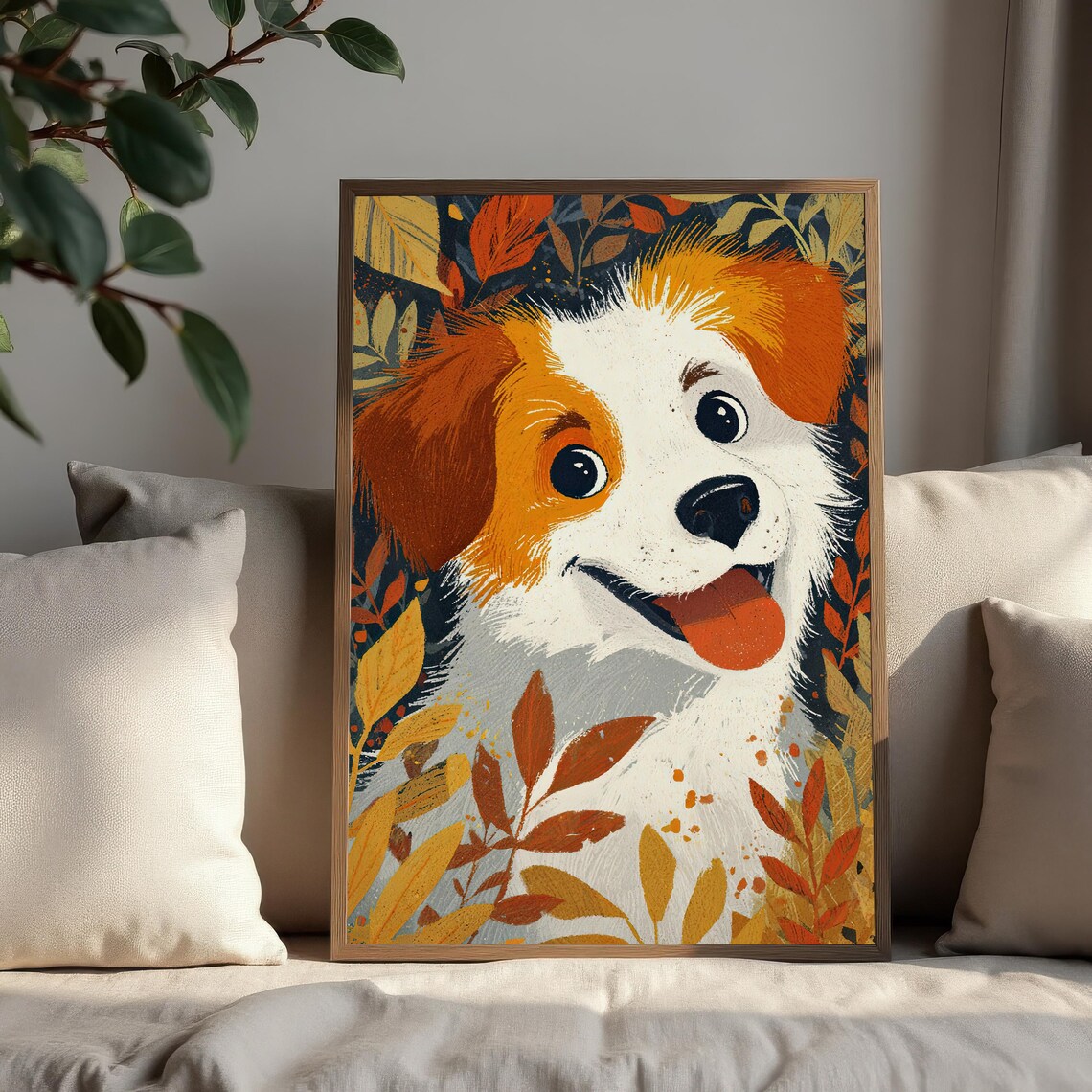 Smiling Puppy Among Autumn Leaves Whimsical Fall Dog Lover Art Print