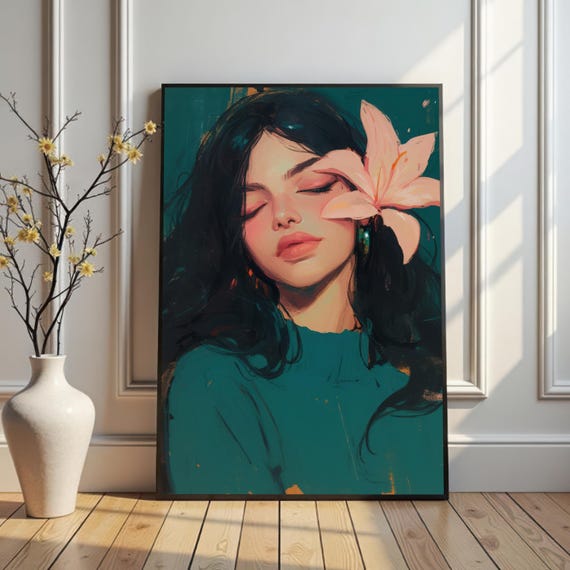 Enigmatic Floral Beauty Portrait Wall Art Modern Lady Illustration Print Feminine Bedroom Decor